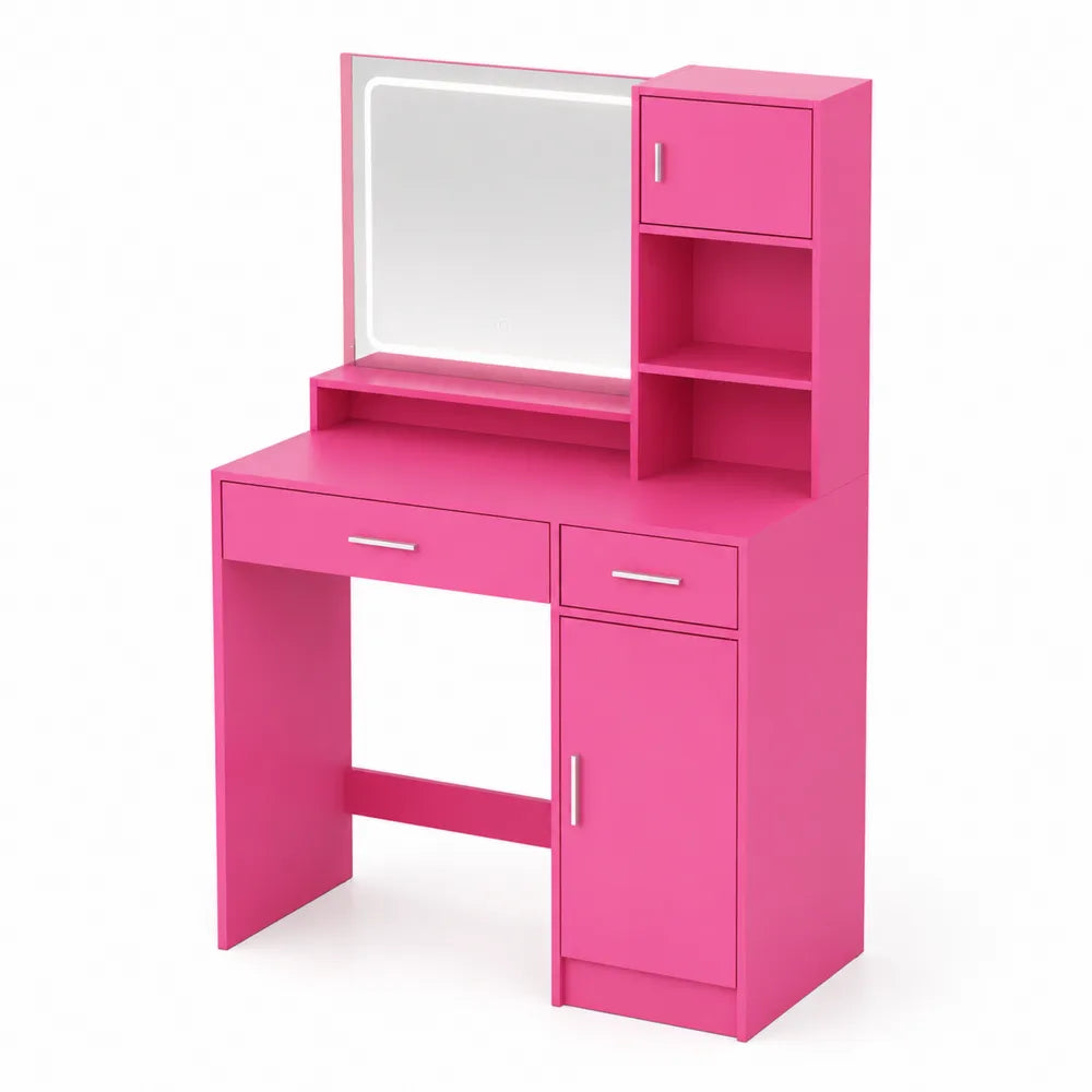 Tocador in Legno Composito Rosa con Specchio e Ripiani