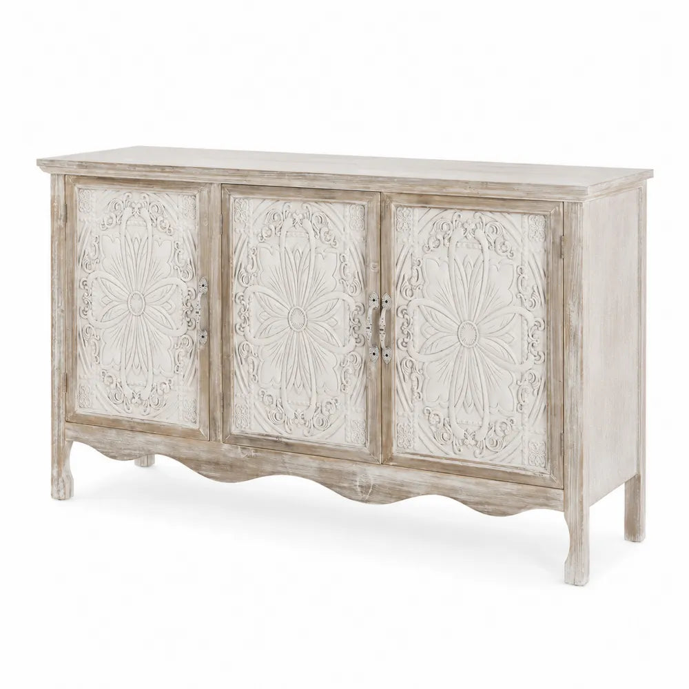Credenza in Legno Intagliato 3 Ante Bianco e Beige