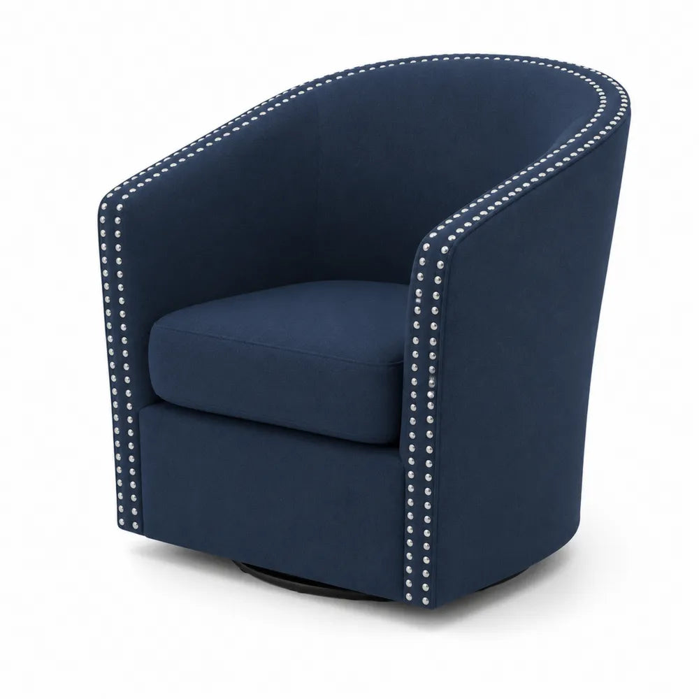 Poltrona girevole in velluto blu con borchie in metallo
