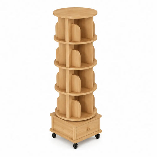 Scaffale girevole in legno con cassetto e ruote