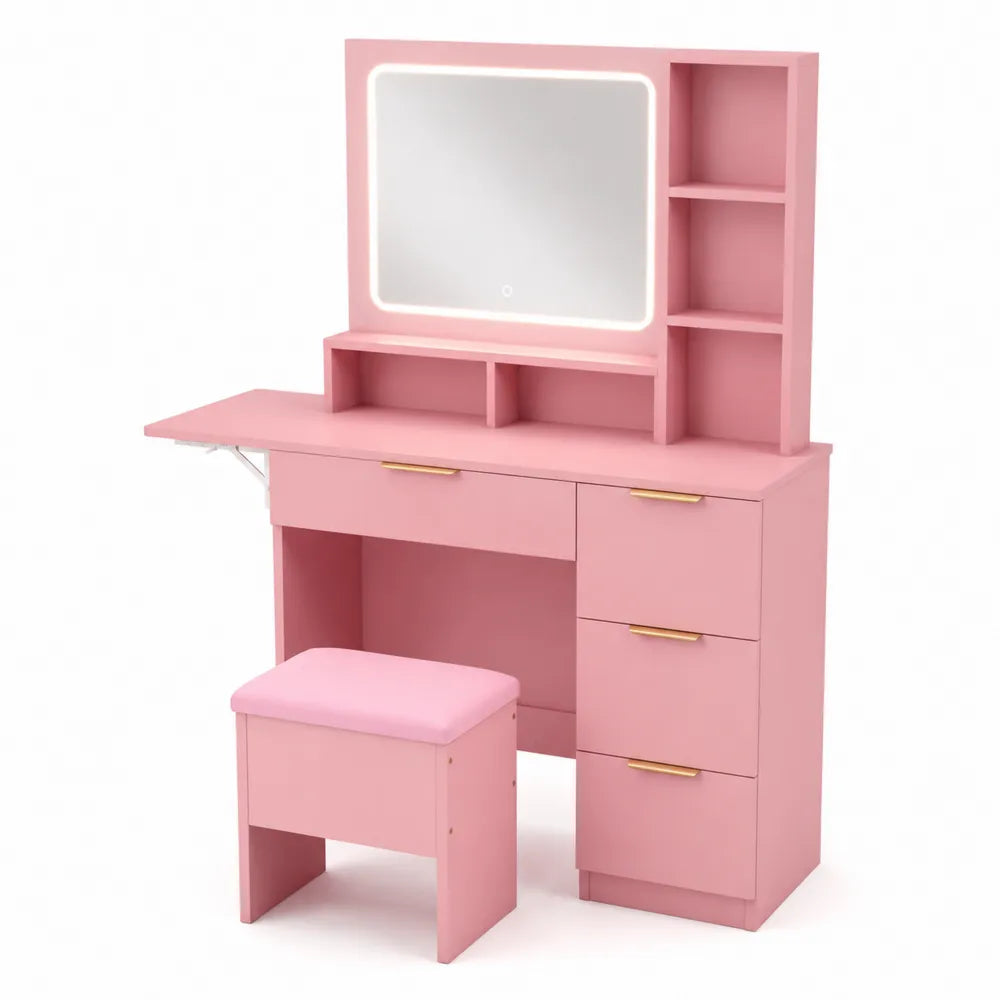 Tavolo da Trucco in Legno con Specchio a LED e Sgabello Rosa