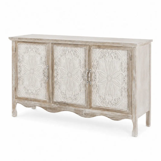 Credenza in Legno Intagliato 3 Ante Bianco e Beige