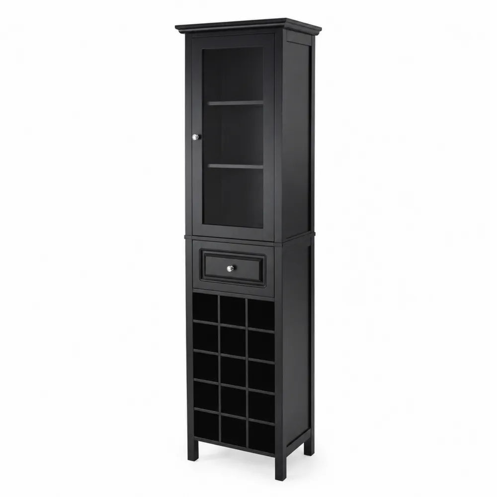 Credenza alta nera con porta in vetro temperato, cassetto e portabottiglie in legno 180x40x30 cm
