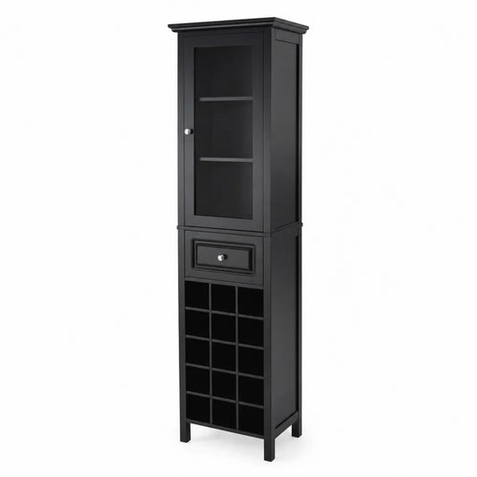 Credenza alta nera con porta in vetro temperato, cassetto e portabottiglie in legno 180x40x30 cm