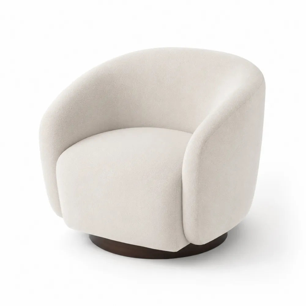 Poltrona lounge curva in tessuto bouclé con base in legno