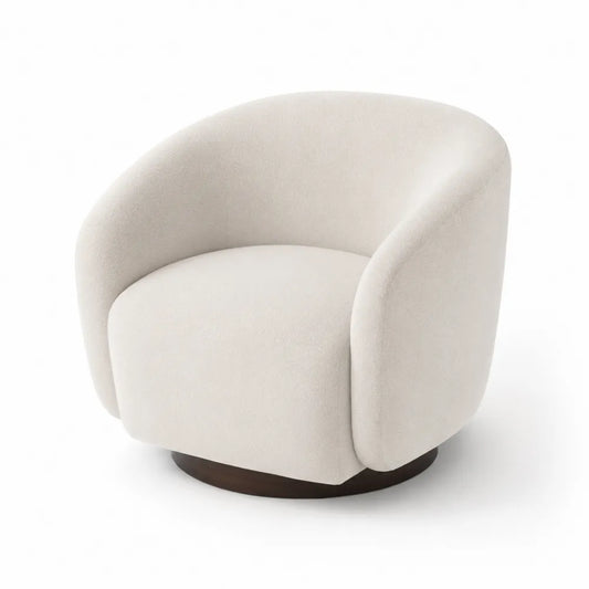 Poltrona lounge curva in tessuto bouclé con base in legno