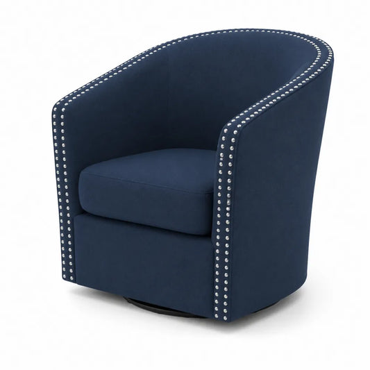 Poltrona girevole in velluto blu con borchie in metallo