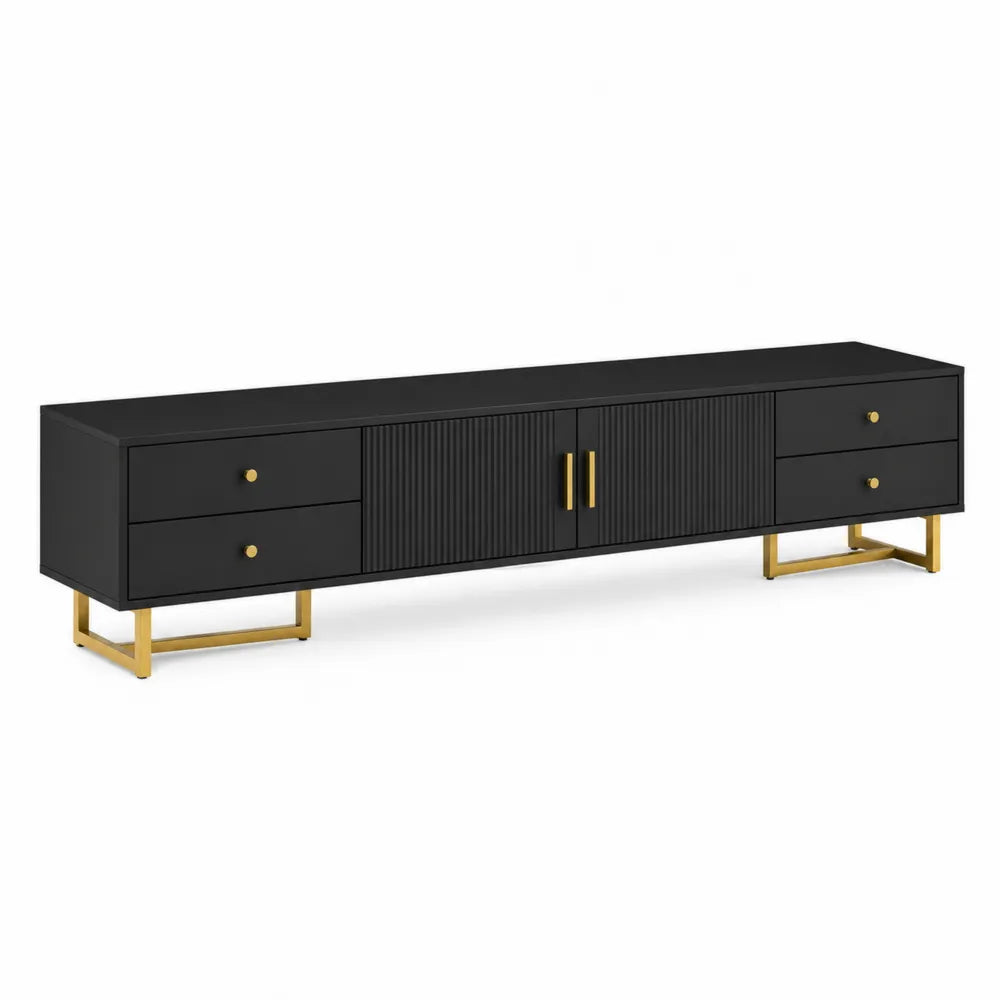 Mobile porta TV in MDF e metallo nero e oro con cassetti e ante